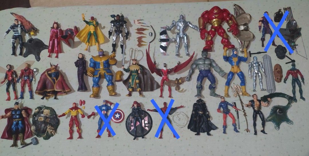 Marvel Toybiz Collection (Category: Figurines & Statues) located in Manila. Submitted by pandatoyzmanila (Listing ID 1207240073, Image 1). Description: WYSIWYG Silver Surfer 1100 Howard the Duck 1000-Super Rare Hulkbuster 1800 Thanos and Death 1500 Warmachine -1000 complete Black Phanter-800 Dr Strange-800 Thor w/ Base- 1000 issue mejo loose joints Nick Fury 1000 Captain America-Sold Hulk 800 Bucky 600 Giantman 900 Loki 800 Falcon -600 Black wido