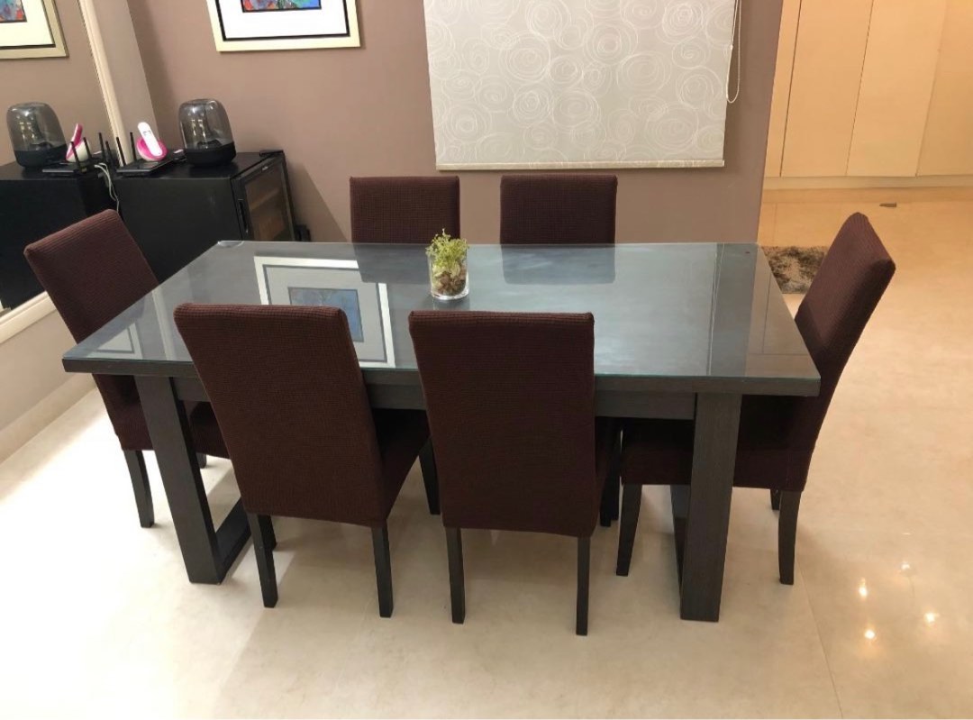 Oak Wood 6seater Dining Table (+6 chairs) with Glass Top Cover