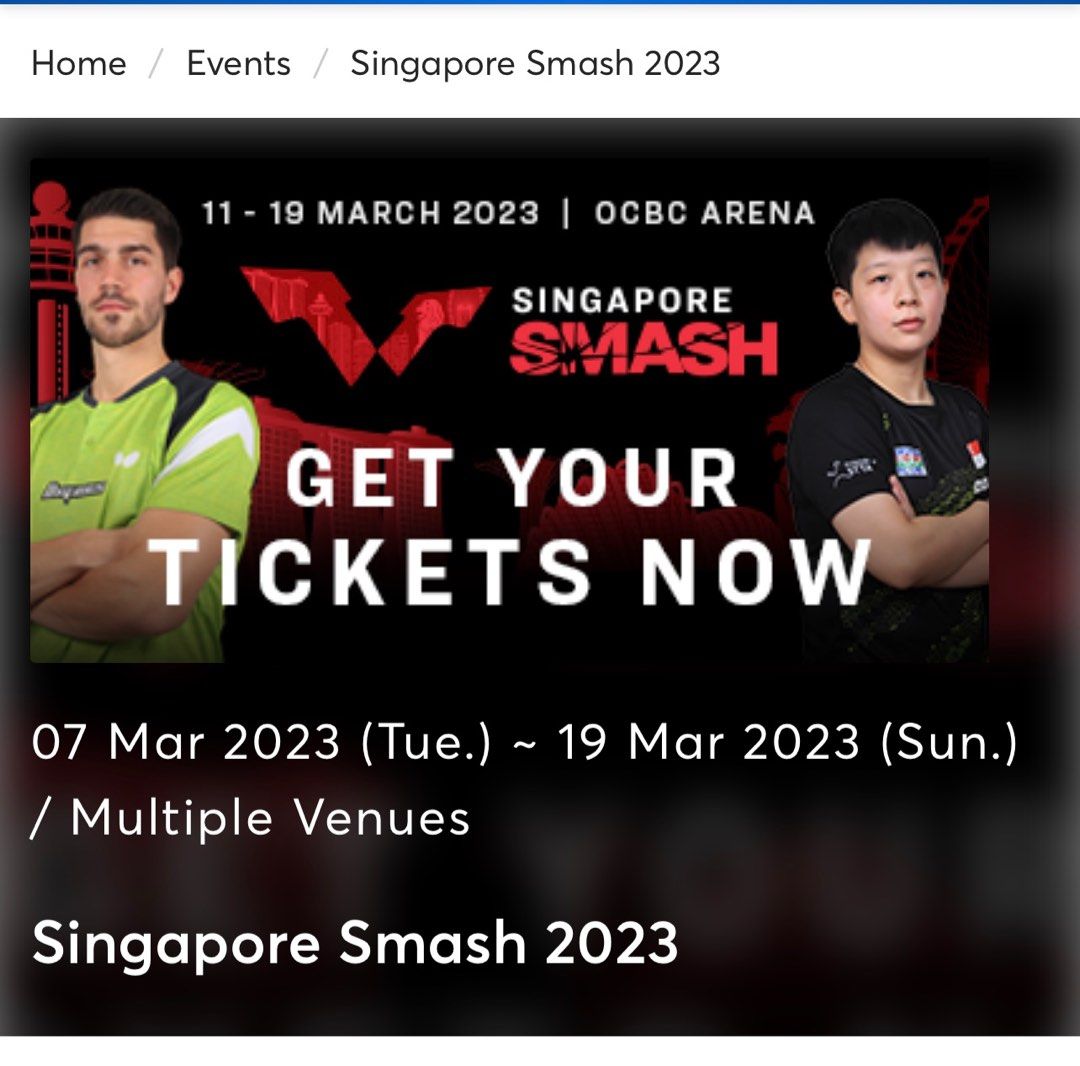 Wtt singapore smash, Tickets & Vouchers, Event Tickets on Carousell