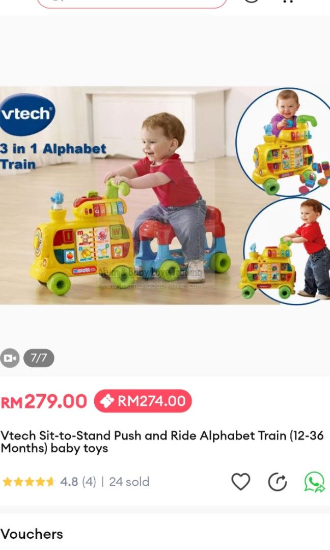 Vtech 4-In-1 Learning Letters Train Sit-To-Stand Walker and Ride-On  Educational