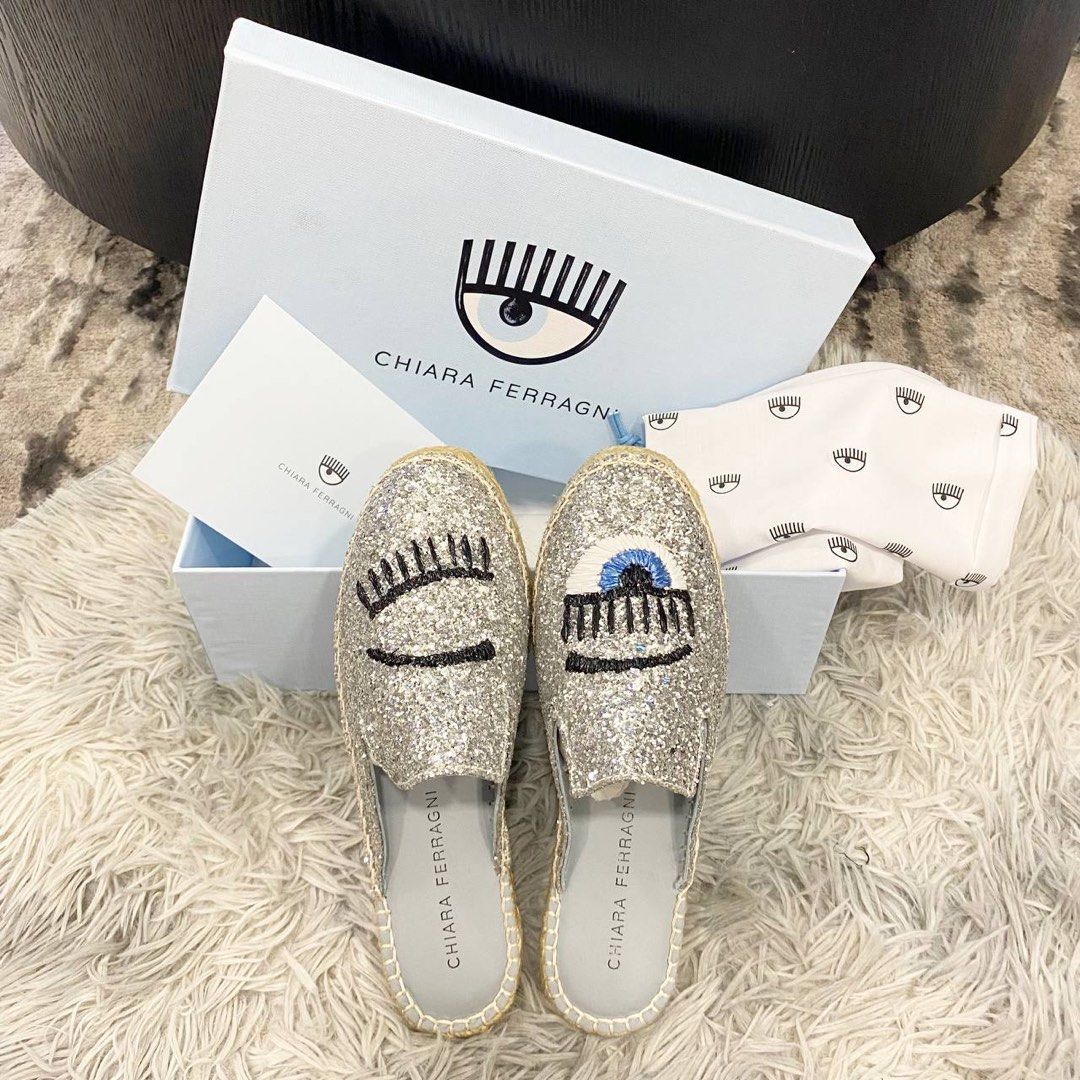 BNIB 100 Authentic Chiara Ferragni Glitter Silver Flirting Logomania Espardrilles Mules Flats