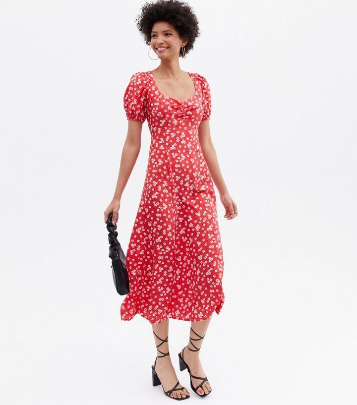 BNWT New Look Puff Sleeve Red Floral Midi Dress