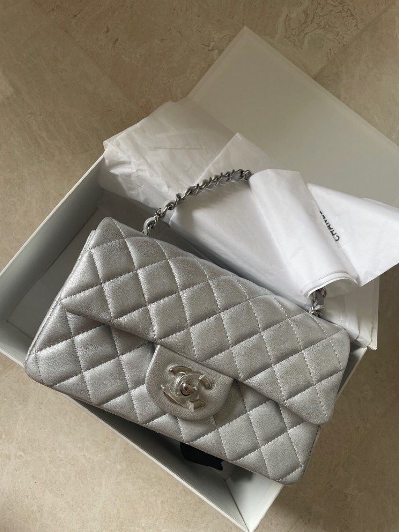 Chanel Mini Rectangle in 21P Metallic Silver Lambskin SHW, Luxury