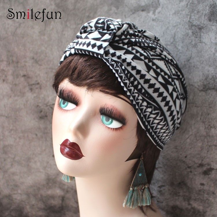 European and American Simple Black and White Geometric Printing Baotou Hat  Knotted Turban Cap Retro Hair Cover Elastic Fabric Hair Band Cap, Women's  Fashion, Watches & Accessories, Hair Accessories on Carousell