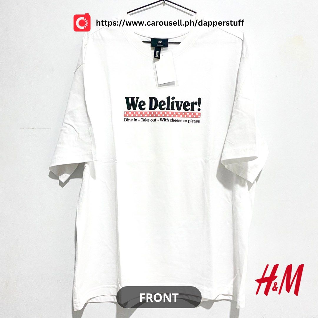 H&M Shirt (Pizza Delivery) (Category: Tshirts & Polo Shirts ) located in Manila. Submitted by dapperstuff (Listing ID 1197496622, Image 1). Description: Size: Medium Fit: Relaxed Color: White Inclusion: • Original tag • Receipt.