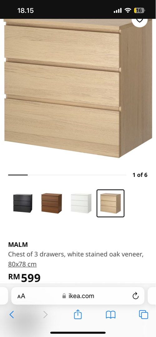 IKEA MALM Chest of 3 drawers, white stained oak veneer, Furniture