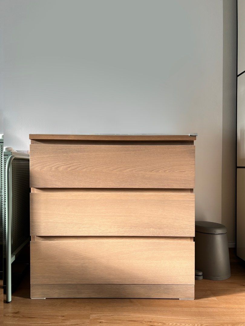 Ikea malm chest of deals 3 drawers oak veneer