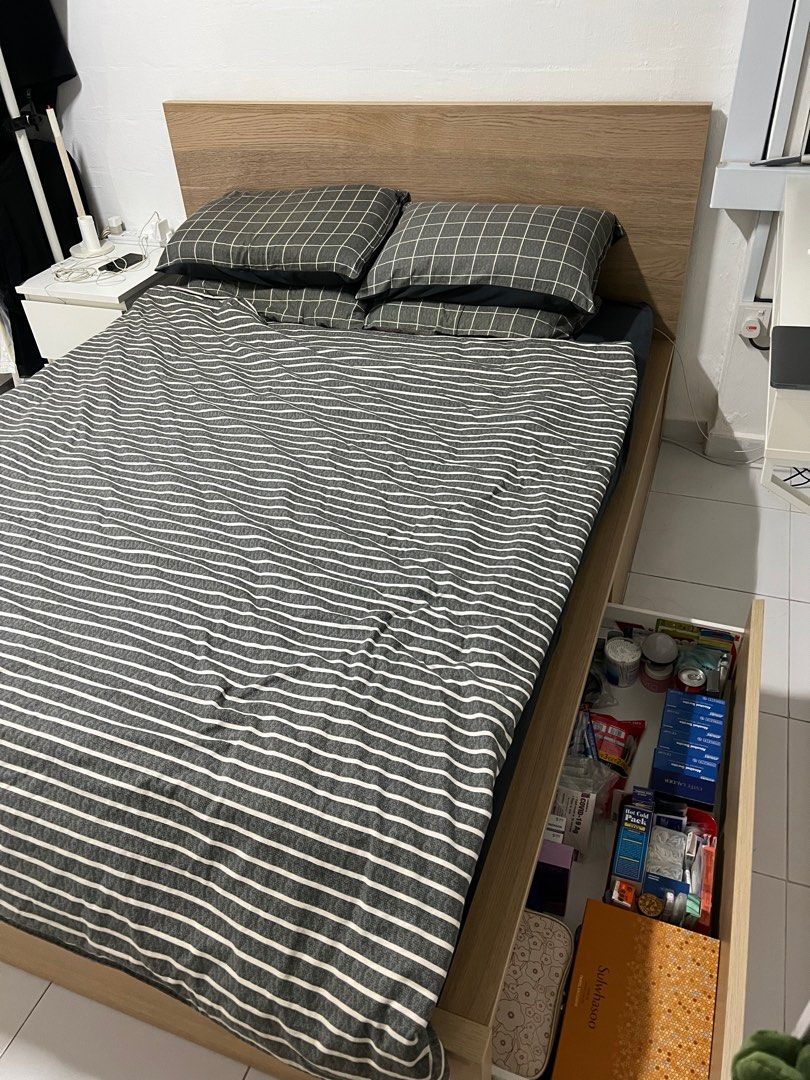 IKEA queen size storage bed, Furniture & Home Living, Furniture, Bed