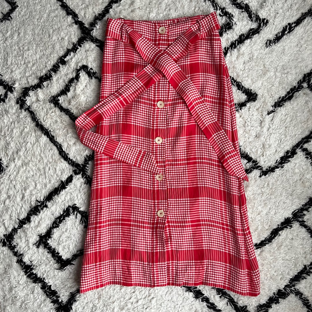 Mango Red Checkered Midi Button Down Skirt Women s Fashion