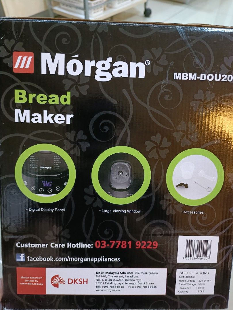 Morgan Bread Maker (Category: Breadmakers) located in Petaling Jaya. Submitted by kingray01 (Listing ID 1207092356, Image 3). Description: - Brand New, in original box condition, Features Rated wattage : 550W ; 50Hz (Voltage: 220-240V) Capacity : 2.0 LB With large LED display Non-stick rectangle bread pan & kneading blade 14 digital program menus : Basic, French , Whole Wheat , Quick , Sweet , Ultra fast 1, Ultra fast 2, Dough, Gluten Free , Cake