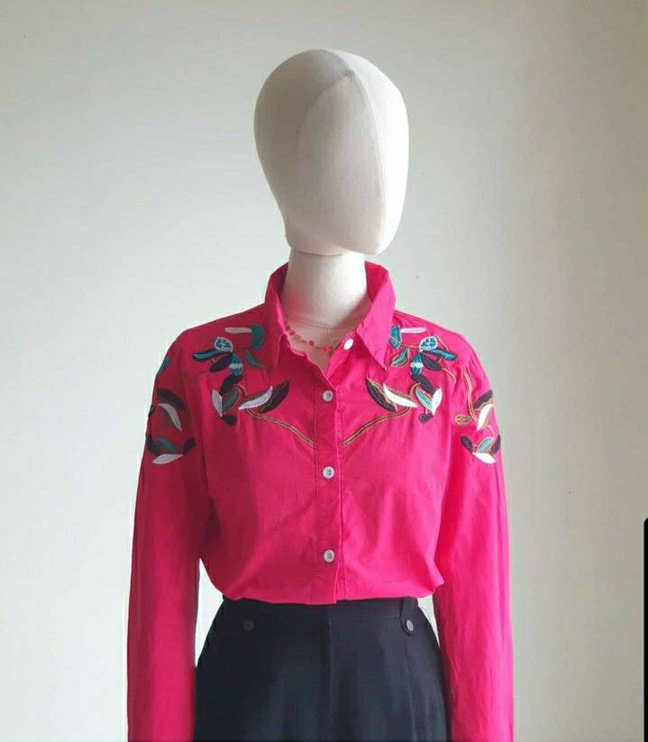Red Blouse with floral embroidery (Category: Blouses) located in Paranaque City. Submitted by aaanggeee (Listing ID 1206921773, Image 2). Description: Kindly swipe to the last photo to see measurements..