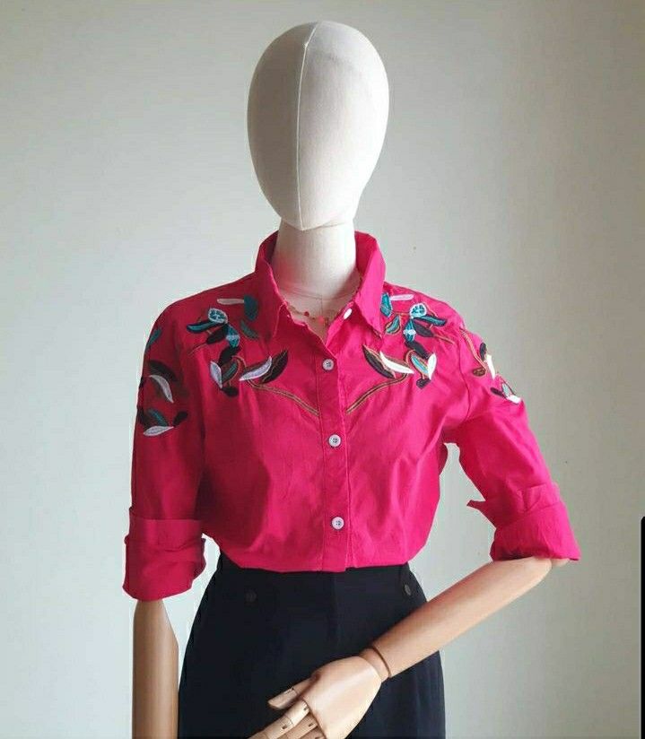 Red Blouse with floral embroidery (Category: Blouses) located in Paranaque City. Submitted by aaanggeee (Listing ID 1206921773, Image 1). Description: Kindly swipe to the last photo to see measurements..