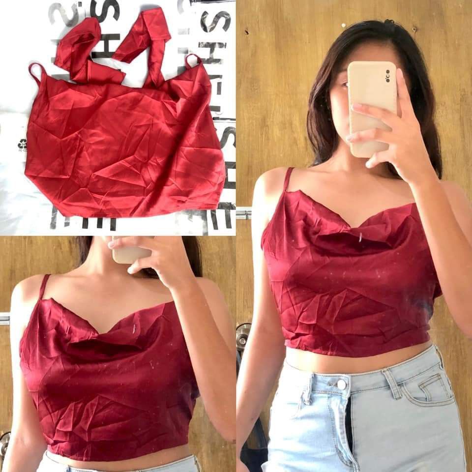 Shein Tie Back Satin Crop Cami Top (Category: Sleeveless) located in Valenzuela. Submitted by rawseh. (Listing ID 1207080695, Image 3). Description: Pinang picture lang nung new year for an hour. Di ko gaanong nasuot dahil sa games 😂 Last photo is the actual photo XL but can fit to S-M body frames since ikaw magta tie ng ribbon sa likod.