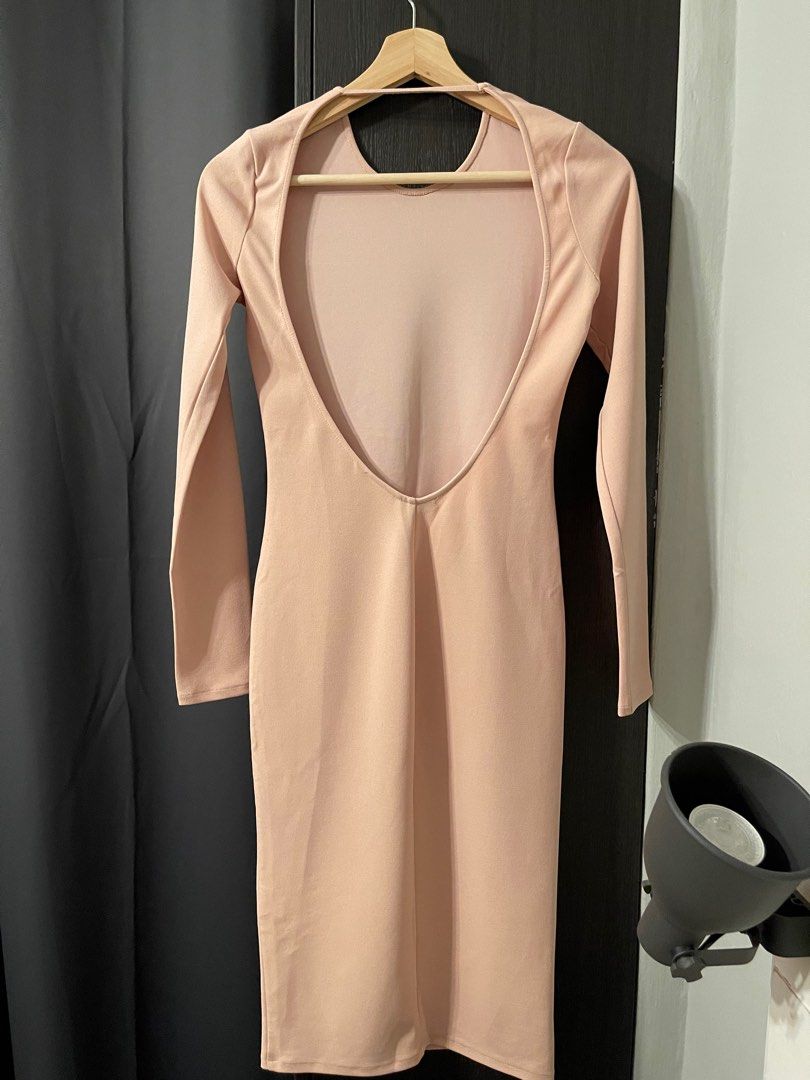 Size S ZARA Exposed Back Long Sleeve Midi Bodycon Dress in Light