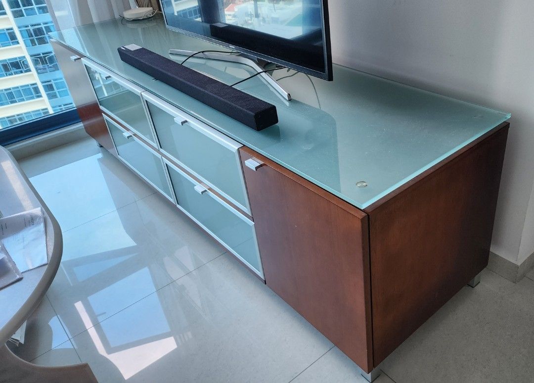 TV console glass top multiple storage, Furniture & Home Living