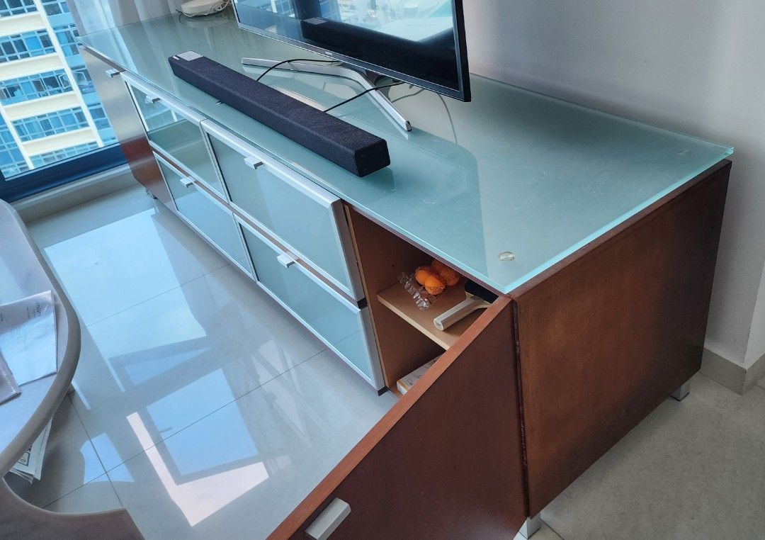 TV console glass top multiple storage, Furniture & Home Living