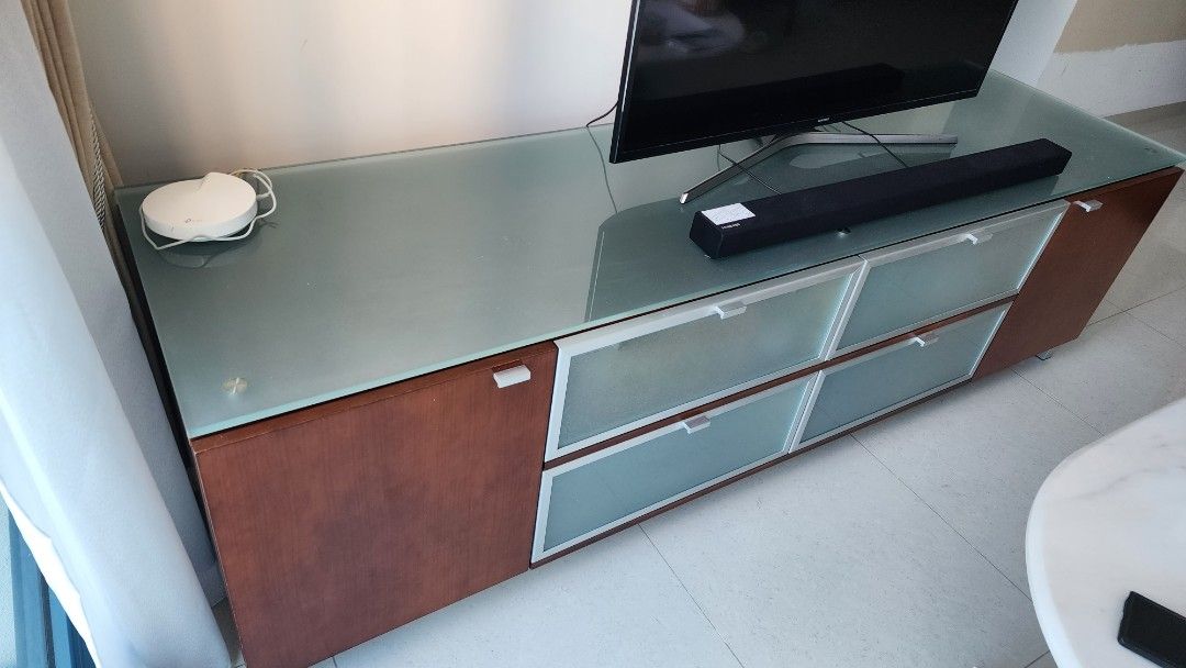 TV console glass top multiple storage, Furniture & Home Living