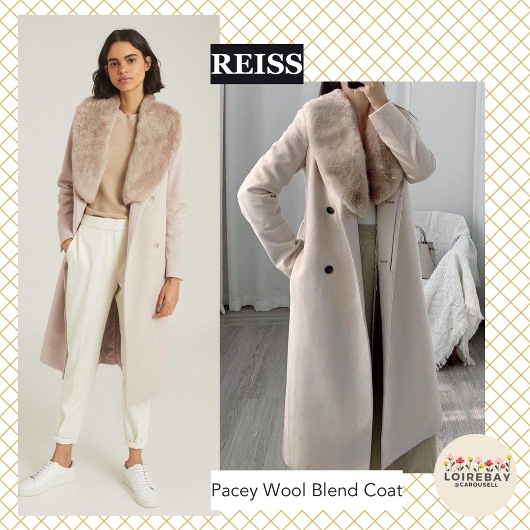 UK10 12 REISS pacey fur winter wool trench coat jacket beige nude