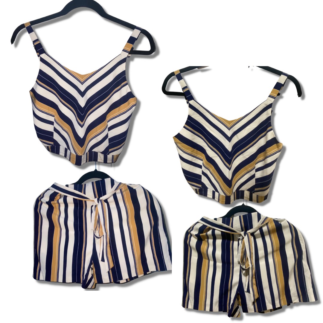 BLUE & BANANA YELLOW STRIPE TOP WITH SHORTS 2PC SET main image 1