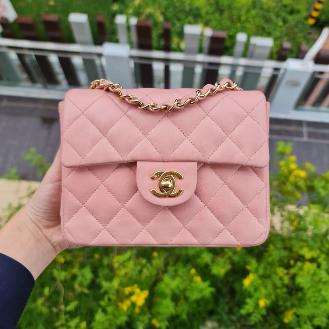 Chanel 17cm square Mini Sakura Pink Lambskin 24k GHW vintage