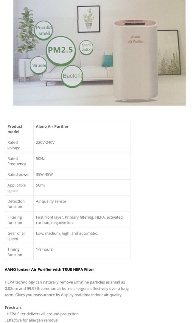 Alano air hotsell purifier manual