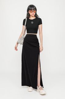 Amina Ruched Side Maxi Skirt (Black)