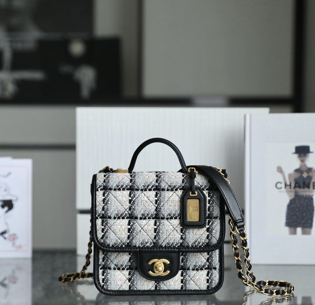 Small flap bag, Wool tweed & gold-tone metal, black & white — Fashion