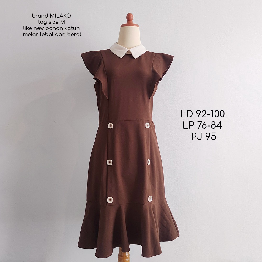 DRESS MILAKO korea kemeja kerah brown vintage coklat 2 tone midi