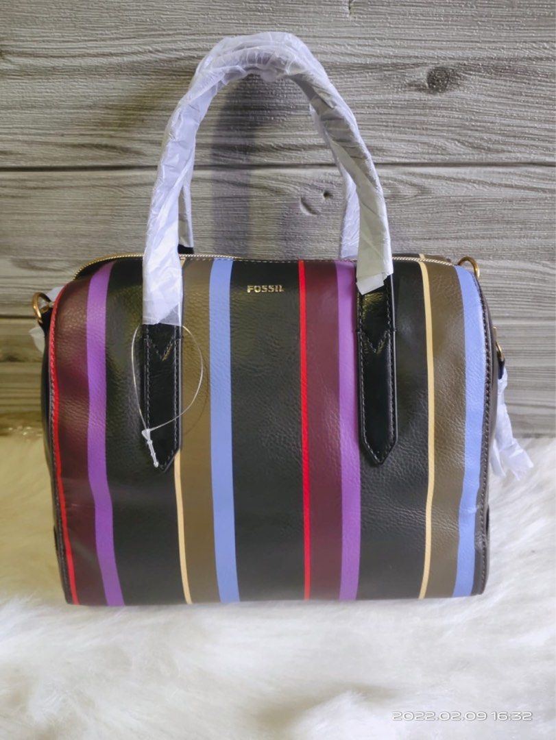 Fossil sydney satchel stripe black multi pvc, Barang Mewah, Tas