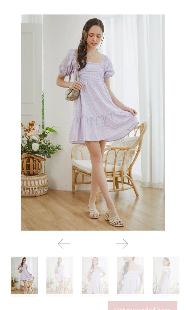Gingham Ruched Babydoll Dress in Lilac, Women's Fashion, Dresses & Sets