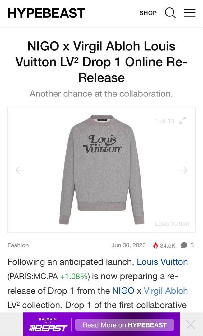 Louis Vuitton x Nigo Squared LV Sweatshirt Gris Clair