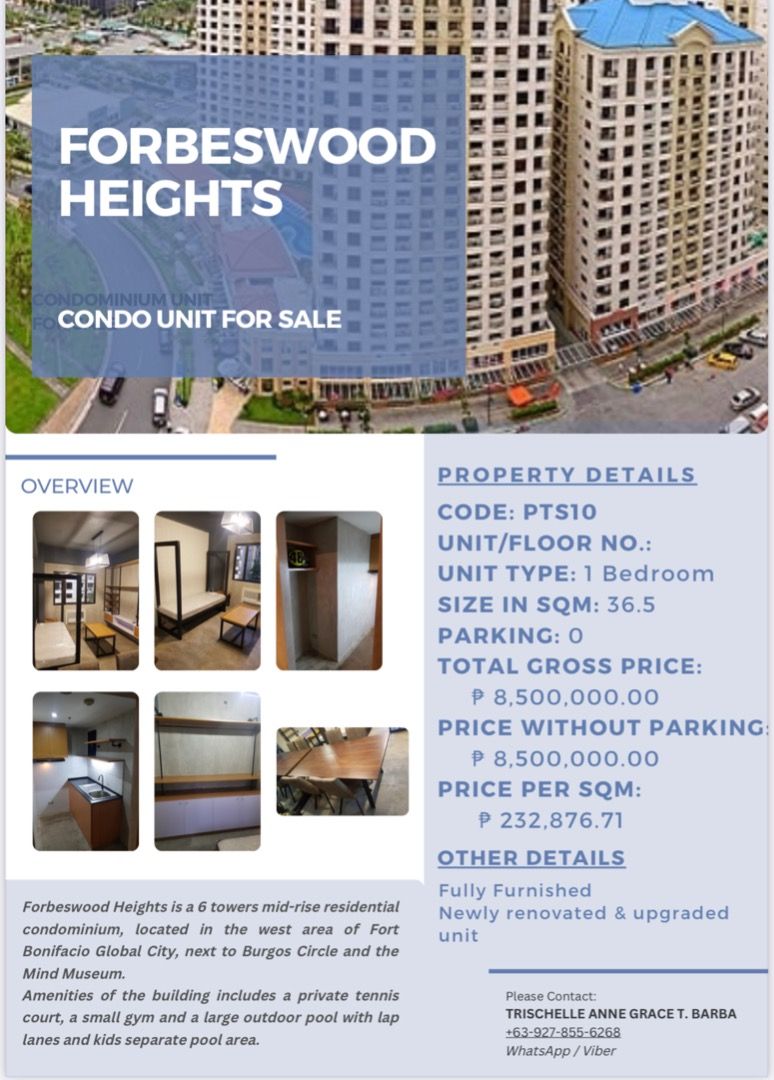 One Bedroom Unit in Forbeswood Heights in Burgos Circle BGC, Property