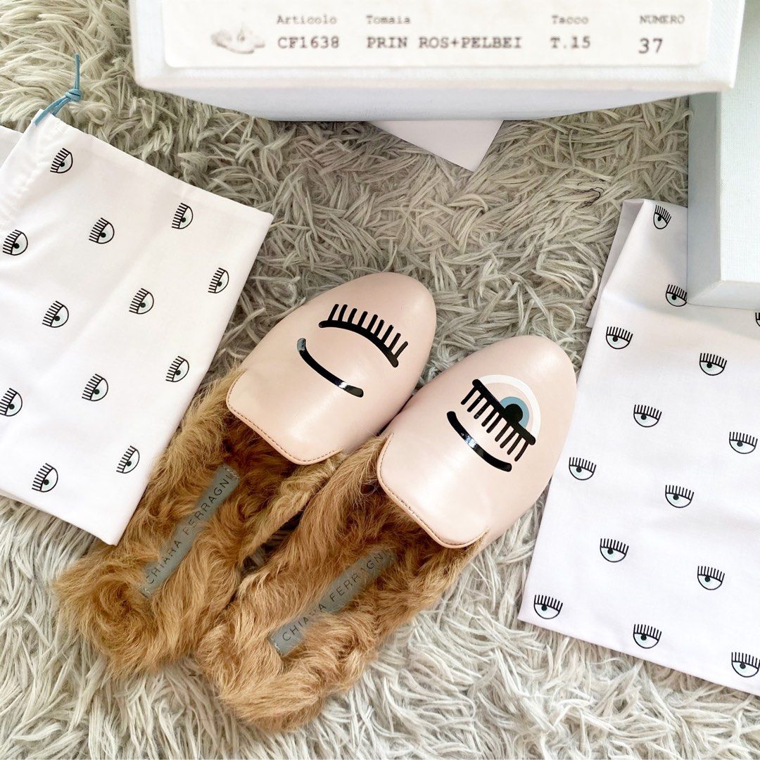 CNY SALE RAREST NEW 100 AUTHENTIC CHIARA FERRAGNI PINK FLIRTING EYE LOGO LEATHER FUR LOAFERS MULES SLIP ON FLATS SHOES SIZE 37