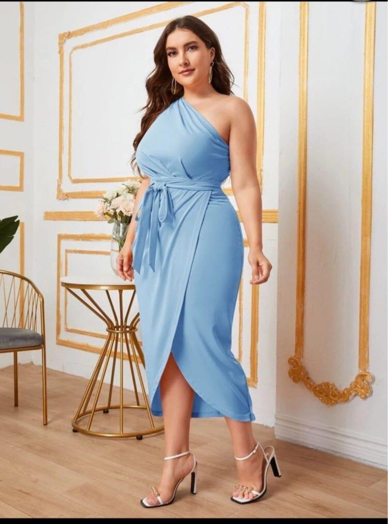 Shein powder blue one shoulder dress plus size, Women's Fashion, Dresses &  Sets, Dresses on Carousell