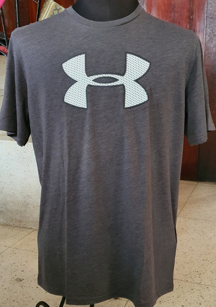 Under Armour Shirt Mens Large LG Fitted Heat Gear Orange Gray Logo