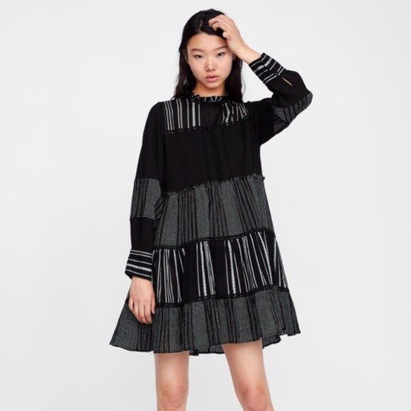 Zara Babydoll Tiered Dress (Black & White), Women's Fashion, Dresses