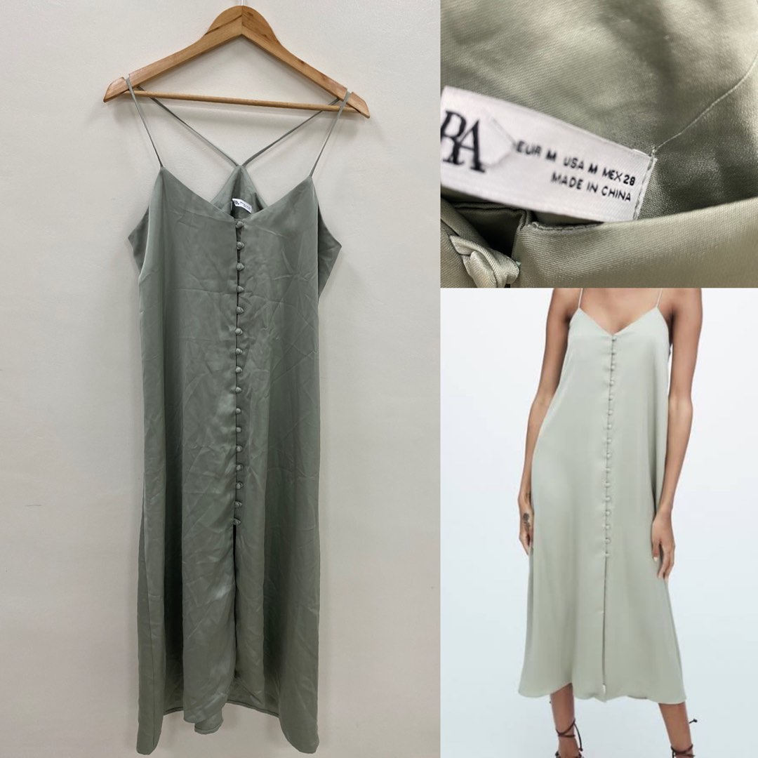 Zara Sage Green Slip Dress, Women's Fashion, Dresses & Sets, Dresses on
