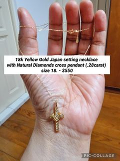 18k Yellow Gold Japan setting necklace 
with Natural Diamonds cross pendant (.28carat)