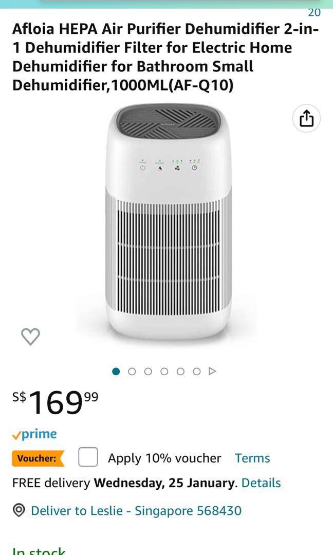 Afloia 2 in 1 Dehumidifier & Air Purifier 1000ml, TV & Home