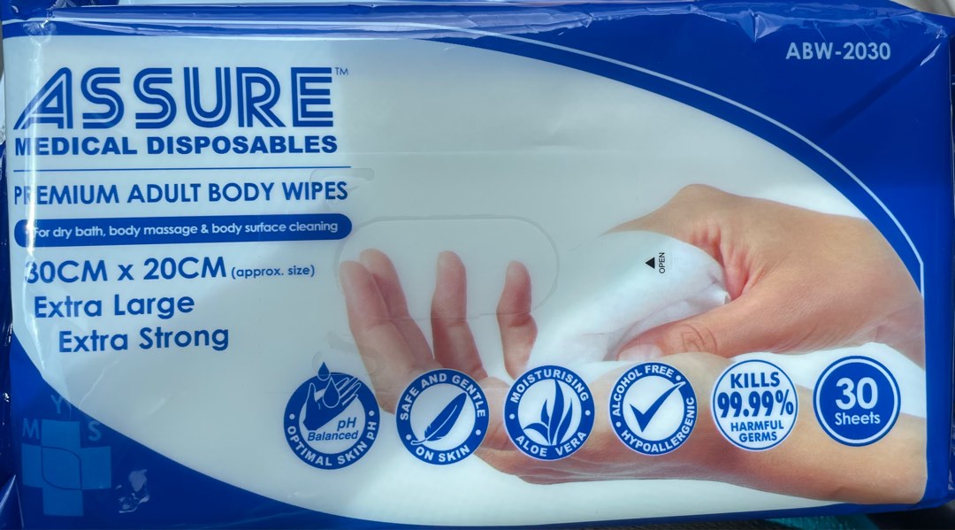ASSURE Medical Disposables Premium Adult Body Wipes 30cm x 20cm, Health