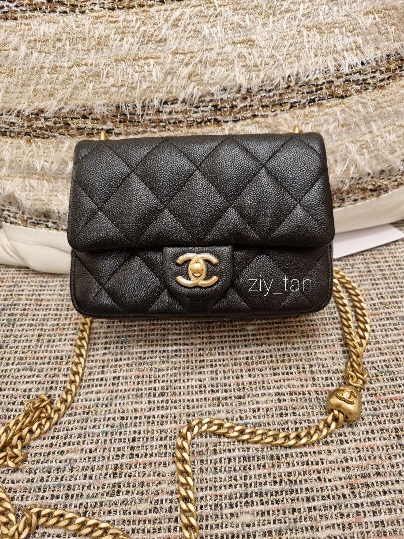 BNIB Chanel 23P Flap Bag Rectangular Mini Rectangle Adjustable Heart Pearl  crush 20CM Black Caviar