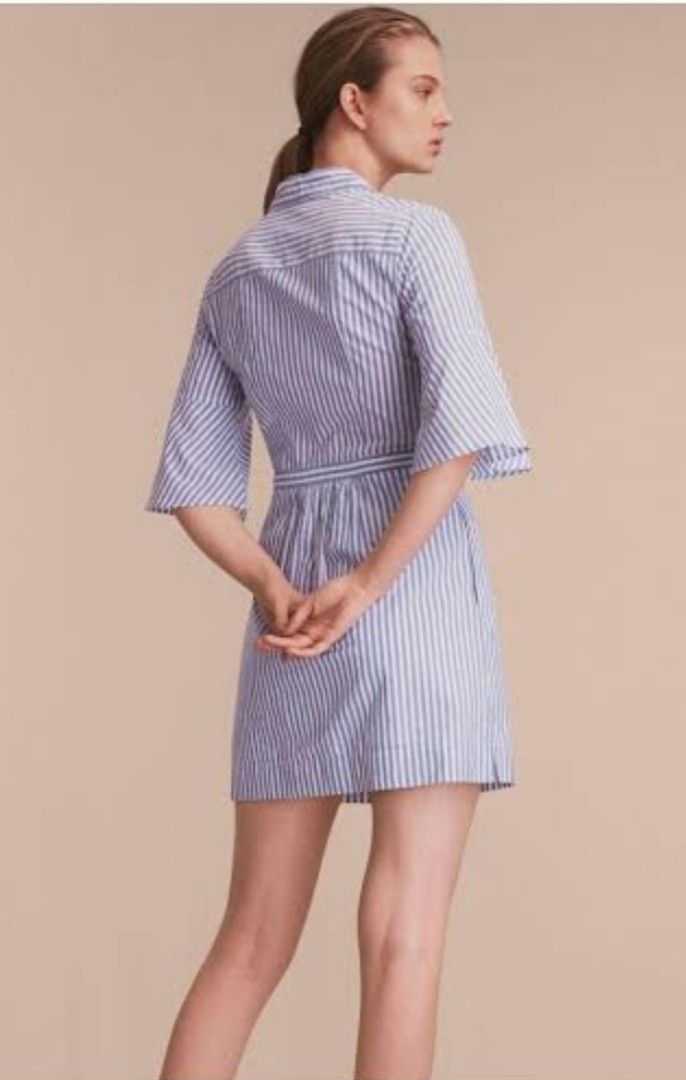 Burberry Bell sleeve Striped Shirt Dress with Tie Neck in Blue