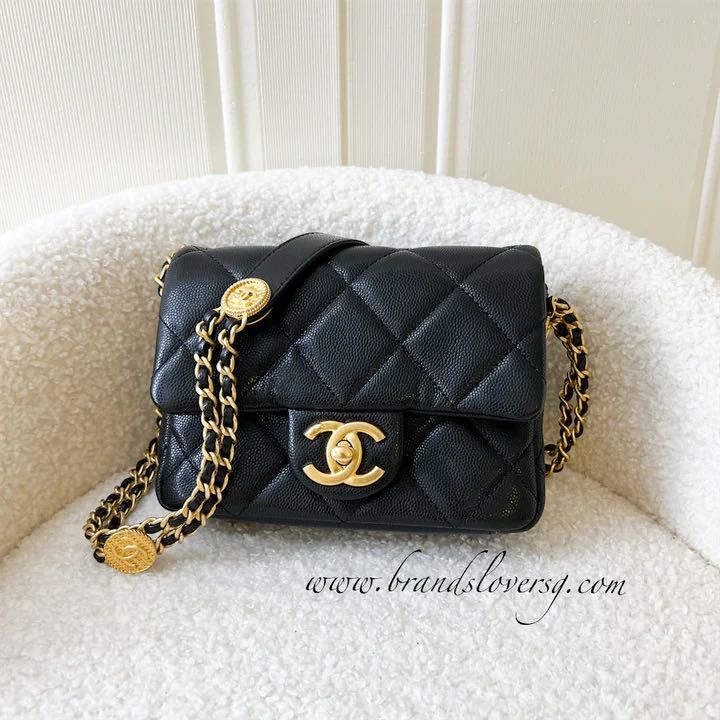 Chanel Small Flap with Coin Charm Black Caviar Aged Gold Hardware 22A –  Coco Approved Studio