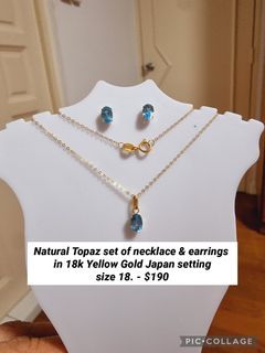 Natural Topaz set of necklace & earrings 
in 18k Yellow Gold Japan setting