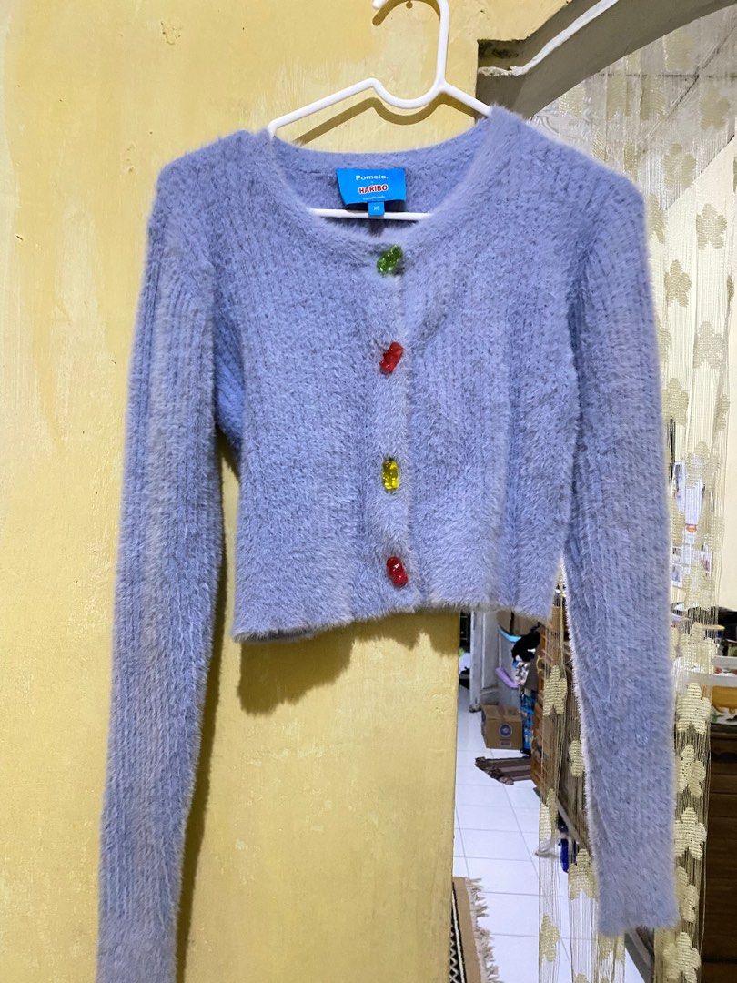 Pomelo x Haribo Gummy botton up Blue Cardigan ukuran XS, Fesyen Wanita