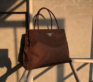 Prada nylon spaghetti handbag in chocolate brown