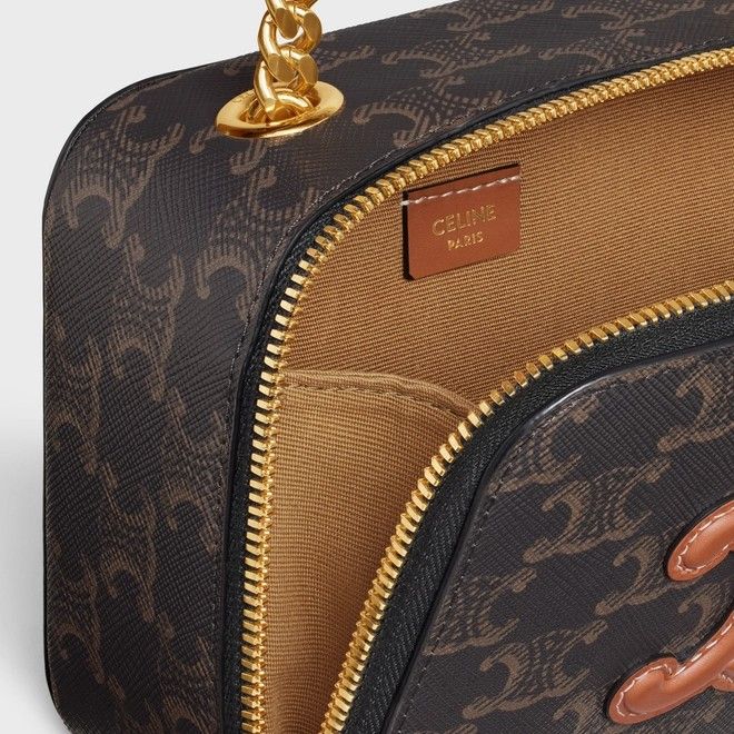 Celine Box Bag Medium Triomphe Embroidery Tan in Smooth Calfskin
