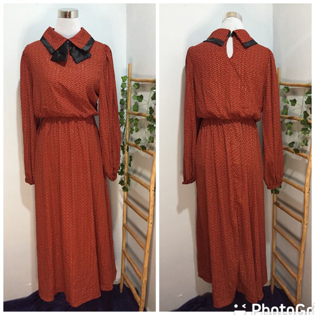 Vintage Style Collar Long Sleeve Maxi Dress, Women's Fashion, Dresses ...