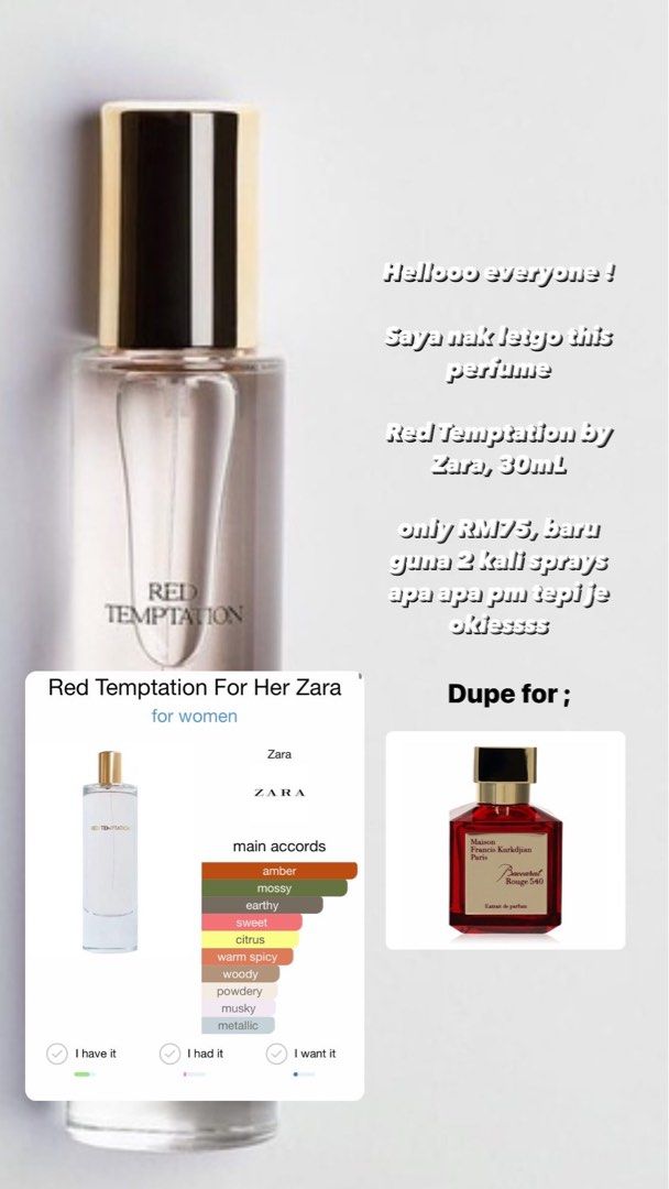 RED TEMPTATION ZARA PERFUME (BACCARAT DUPE), Beauty & Personal Care,  Fragrance & Deodorants on Carousell