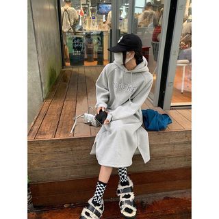 灰色連帽內鋪棉長版連身洋裝👗